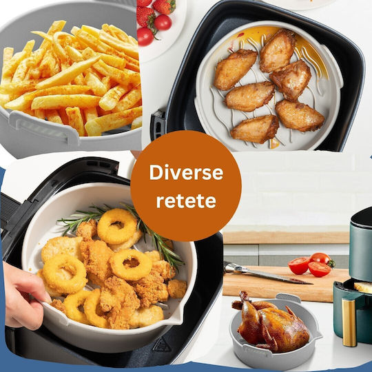 Set 2 Tăvi Ecologice din Silicon pentru Air Fryer Alista Home Temperatură Maximă 230 Grade Reutilizabile Reciclabile Mânere Antiderapante Fund Antiaderent 18.7 X 19.5 X 7 Cm Gri