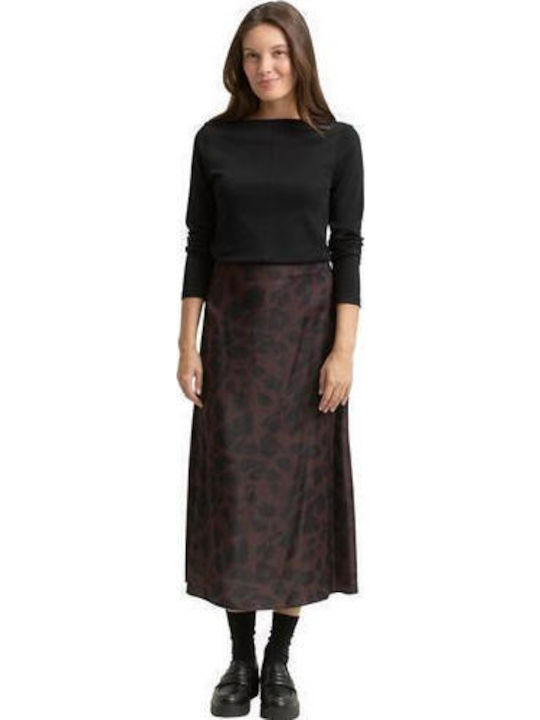Saten Hohe Taille Midi Damenrock Leo Braun Schwarz Großer Leo-Print