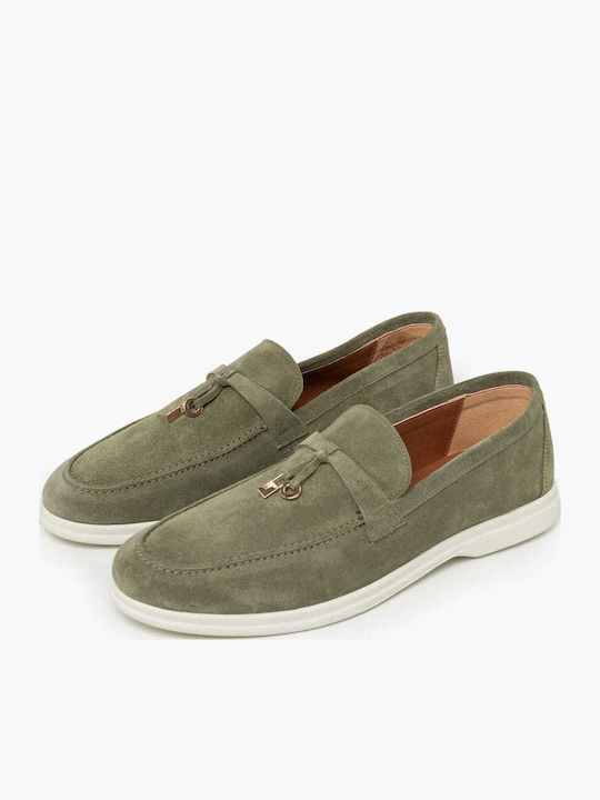 Leather Women's Loafers In Green Color