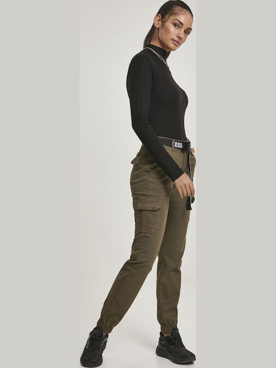 Women's High-waisted Fabric Cargo Trousers with Elastic Olive
