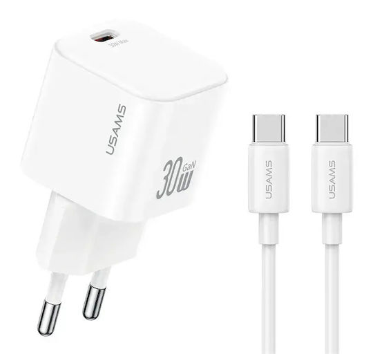 Usams Charger GaN with USB-C Port and Cable USB-C - USB-C 30W Power Delivery Whites (CC262)