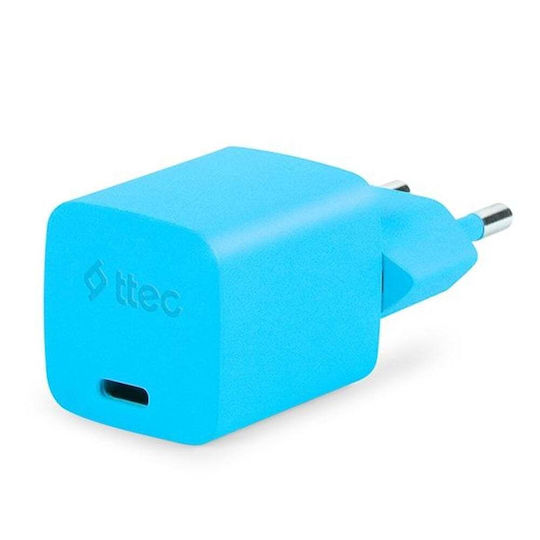 TTEC GaN Handyladegerät mit USB-C Ausgangsanschluss und Kabel USB-C - Lightning 20W Stromlieferung Blau