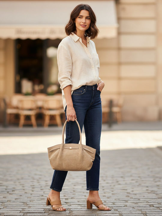 Δερμάτινη Γυναικεία Τσάντα Χειρός / Ώμου Light Taupe
