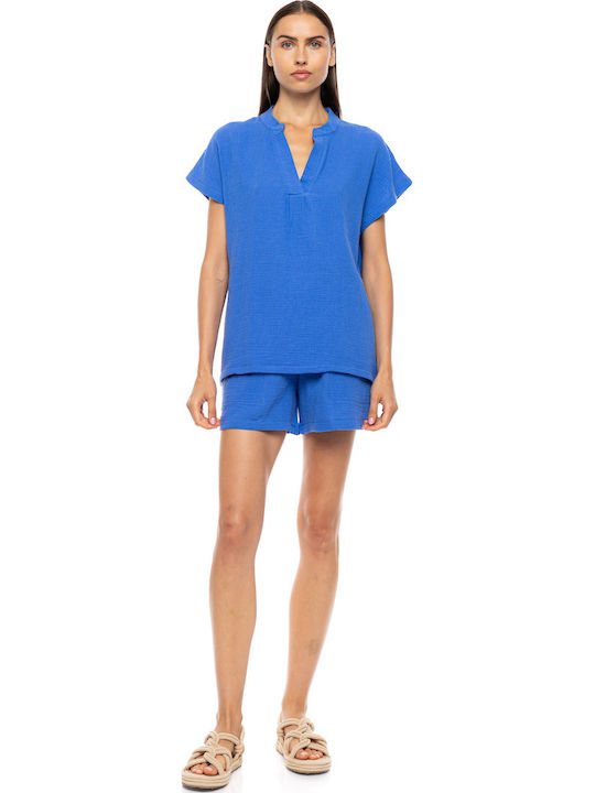 Pink Label Sommer Damen Schlafanzug-Set Indigo Blau