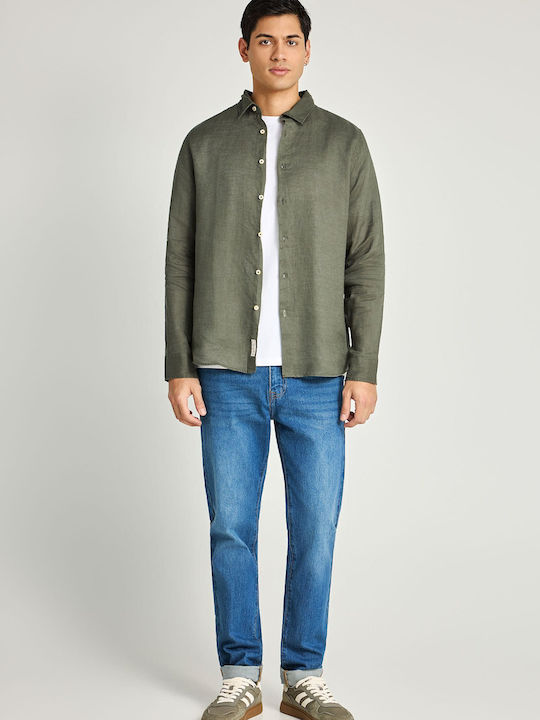 Langärmeliges Leinen Herrenhemd in Normale Passform Grün