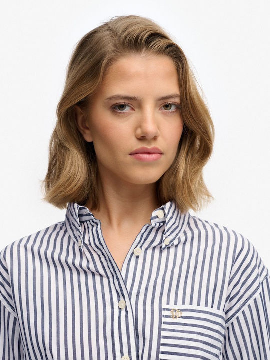 Long Sleeve Women's Denim Shirt Navy/White Striped