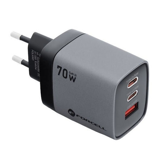 Forcell Φορτιστής Χωρίς Καλώδιο GaN με Θύρα USB-A και 2 Θύρες USB-C 70W Power Delivery / Quick Charge 4.0 Γκρι (VT-37)