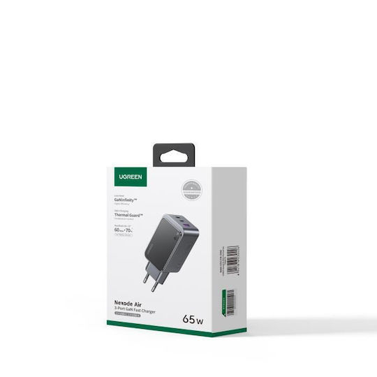 Ugreen Charger Without Cable GaN with USB-A Port and 2 USB-C Ports 65W Power Delivery / Quick Charge 3.0 Gray (Nexode Air)