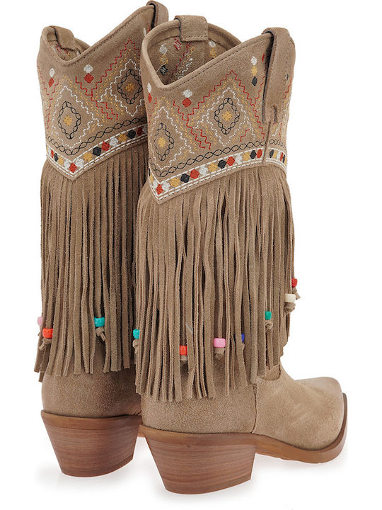 Suede Women's Ankle Boots Cowboy with Medium Heel Beige
