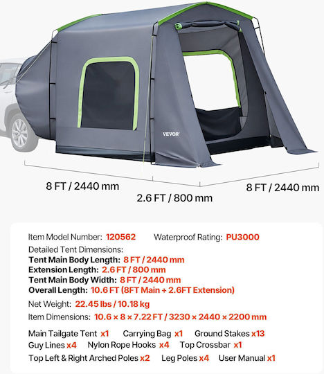 Vevor Camping Tunnel Car Tent Gray 4 Seasons for 9 People 323x244x220cm