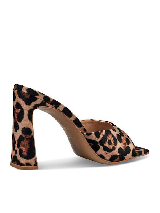 Suede Women's Mules with Chunky High Heel in Brown Color