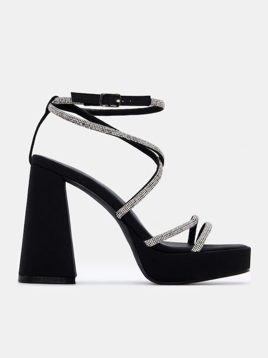 Fabric Sandals with Strass Black