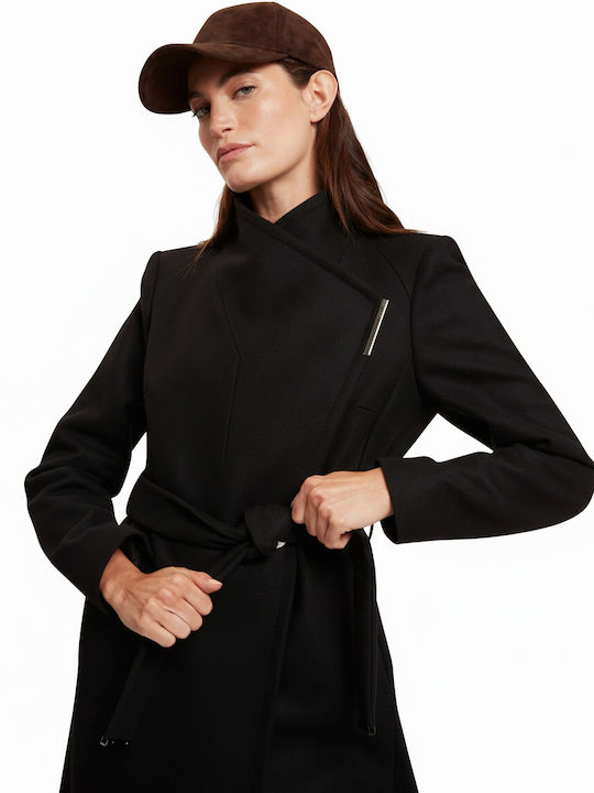 Rose Wool Women's Black Coat with Belt