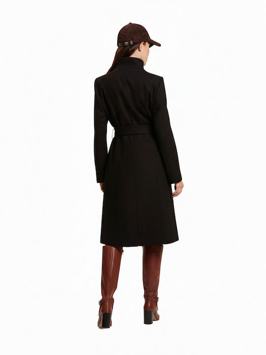 Rose Wool Women's Black Coat with Belt