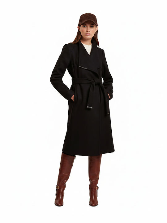 Rose Wool Women's Black Coat with Belt