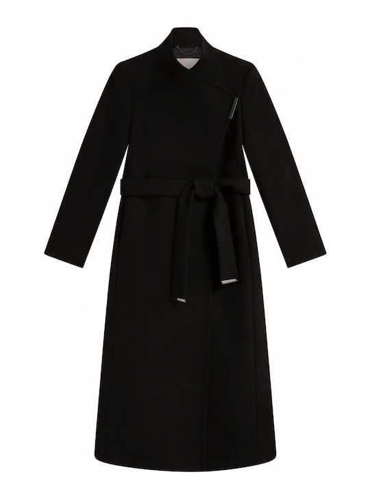 Rose Wool Women's Black Coat with Belt