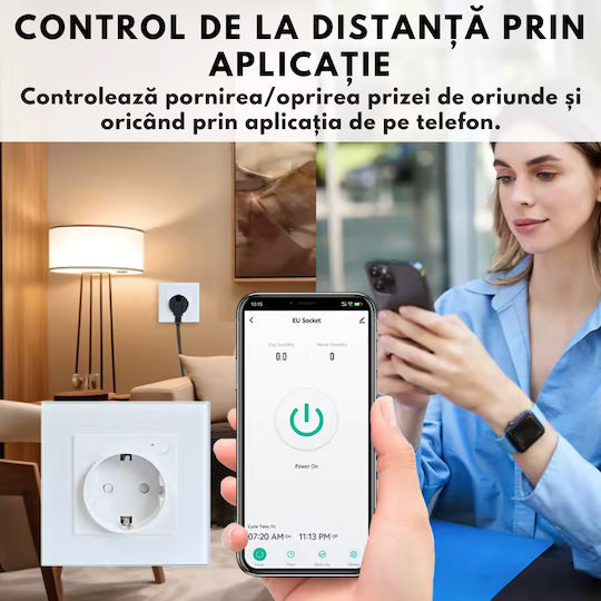 Priză Inteligentă de Perete Wifi Monitorizare Consum 16A – Control de la Distanță prin Aplicația Tuya Smart Life Control Vocal Programare Protecție Copii Panou din Sticlă Termorezistentă Compatibilă cu VisionHub Ios Android Amazon Alexa Google Home