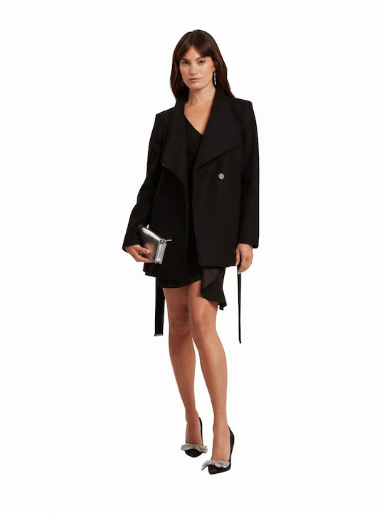 Rosess Wool Women's Black Half Coat with Belt
