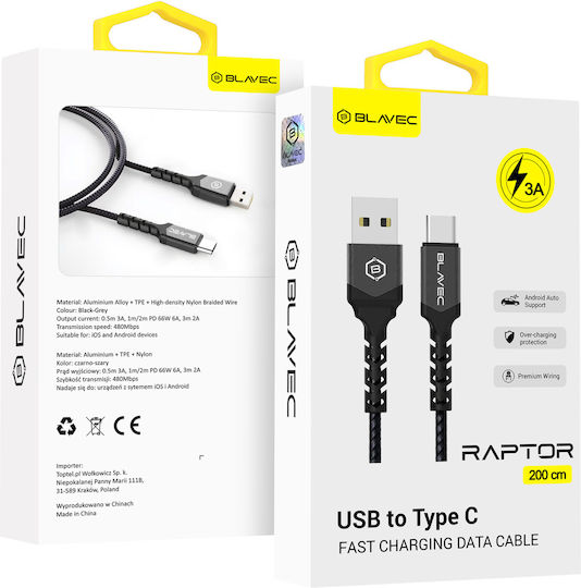 Blavec Raptor Geflochten USB 2.0 Kabel USB-C männlich - USB-A Schwarz 2m