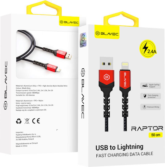 Blavec Braided USB-A to Lightning Cable Μαύρο 0.5m