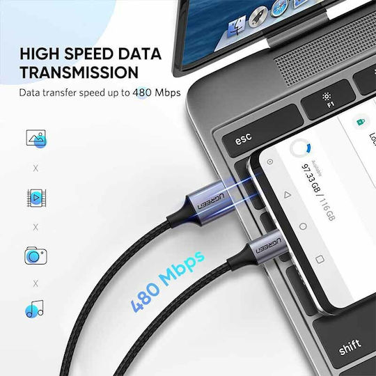 Ugreen US288 Braided USB 2.0 Cable USB-C male - USB-A 15W Γκρι 1m 60126