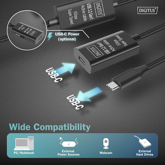 Digitus USB 3.2 Cable USB-C male - USB-C female 100W Μαύρο 10m DA-73109