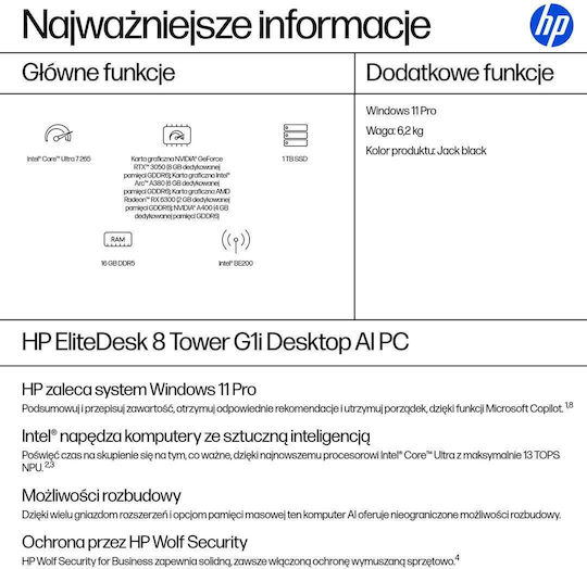 HP Tower G1i Desktop PC (Ultra 7-265/16GB DDR5/1.0TB SSD/W11 Pro)