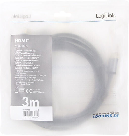 LogiLink HDMI 2.0 Premium High Speed 4K 60Hz HDR Cable HDMI male - HDMI male 3m Μαύρο