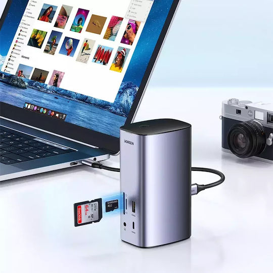 Ugreen USB-C Docking Station με HDMI/DisplayPort 4K PD Ethernet και συνδεση 3 Οθονών Ασημί (90325)