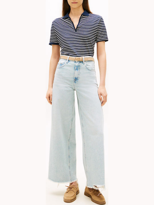 Women's Striped Short Sleeve Polo Blouse Mixed