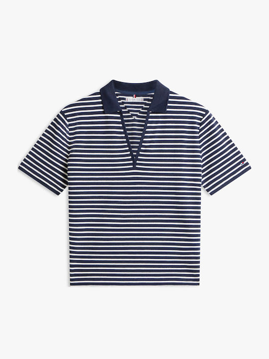 Women's Striped Short Sleeve Polo Blouse Mixed
