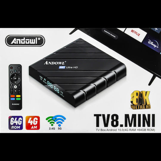 Andowl TV Box TV8.Mini 8K UHD with WiFi USB 2.0 4GB RAM and 64GB Storage Space with Operating System Android 13.0