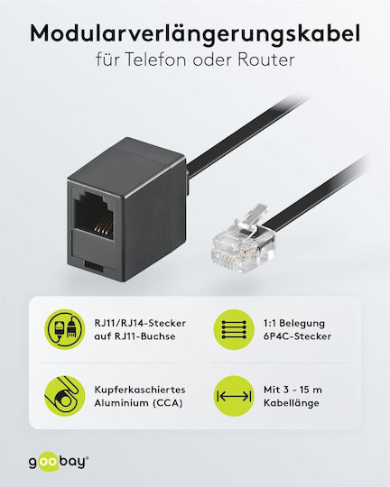 Goobay Плоски Телефонен кабел RJ11 6P4C 15м Черен (68258)