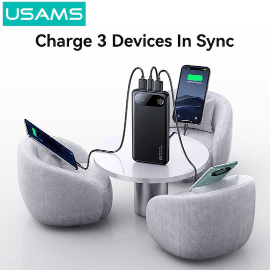 Usams CD249 Baterie Externă 10000mAh 20W Cu 2 Porturi De Ieșire USB-A Și Port De Ieșire USB-C Power Delivery Negru
