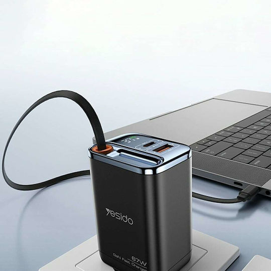 Yesido Charger With Built-In Cable GaN With USB-A Output Port And USB-C Output Port USB-C 67W Quick Charge 3.0 Power Delivery Quick Charge 2.0 Black (YC100)