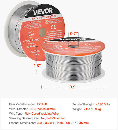 Mig Flux Core Welding Wire Vevor E71t-11 0.8mm 0.9kg Welding Wire For Mild Steel Gasless Low Spatter Arc Welding All Positions Self-Shielded Outdoor Use