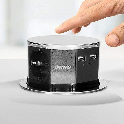 Orno Τριπλή Χωνευτή Πρίζα Ρεύματος με 2 Θύρες USB Ασημί