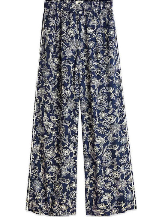 Damen Satin-Hose Ausgestellt mit Gummiband Blumen Blau
