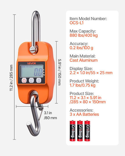 Vevor Professional Crane Scale with Weighing Capacity 399.16kg and Accuracy 100g