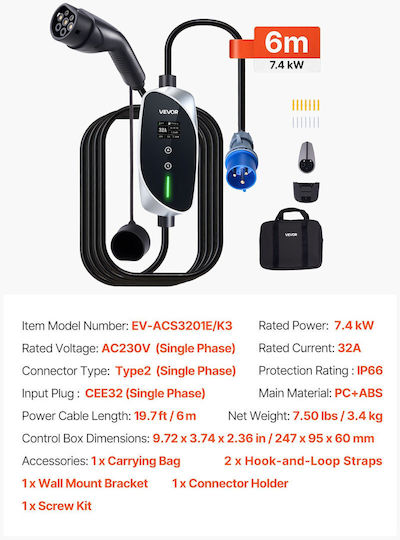 Vevor Portable Single Phase Charging Station 7.4kW with Built-in Type 2 Cable OGBXCDQPM76KD7HJH001V2