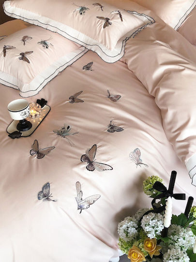 Set Huse Pentru Pilote 100% Bumbac Superdublu 220x240cm 2 Fețe De Pernă & 1 Cearceaf Roz