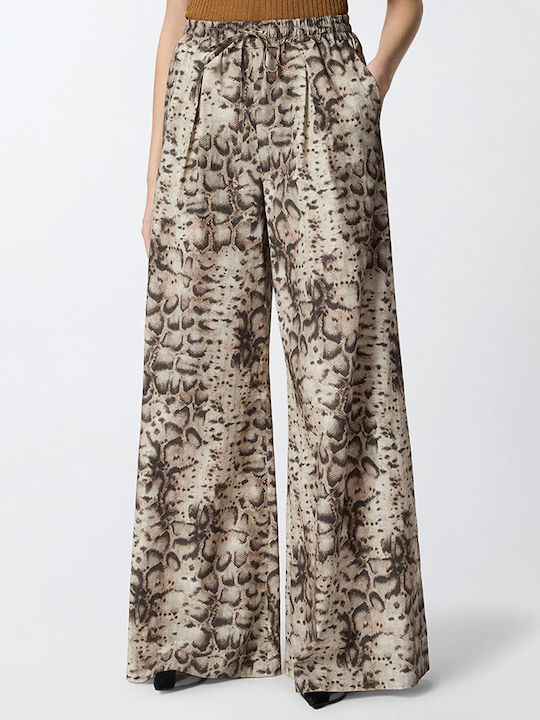 Women's High Rise Fabric Flared Trousers with Rubber Band Beige