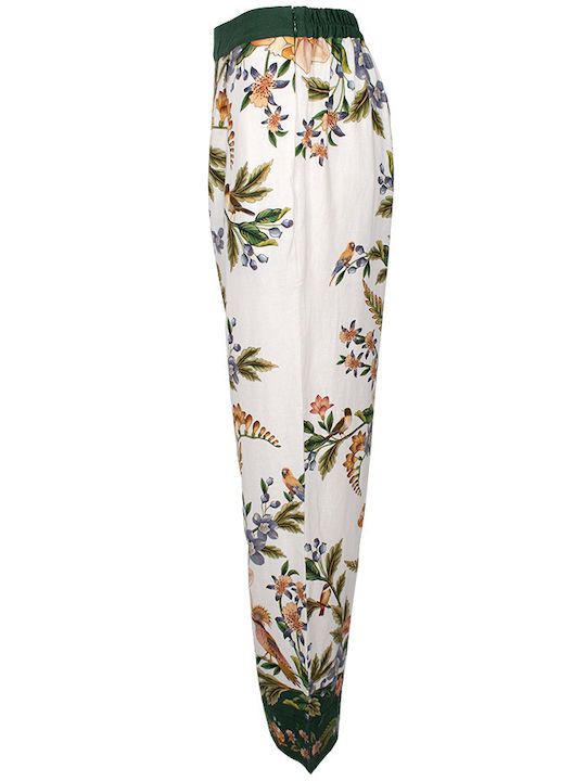 Women's Satin Trousers with Elastic Floral Green