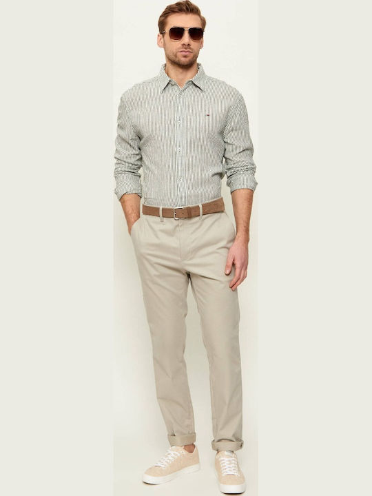 Long Sleeve Linen Shirt in Regular Fit Striped White/Khaki