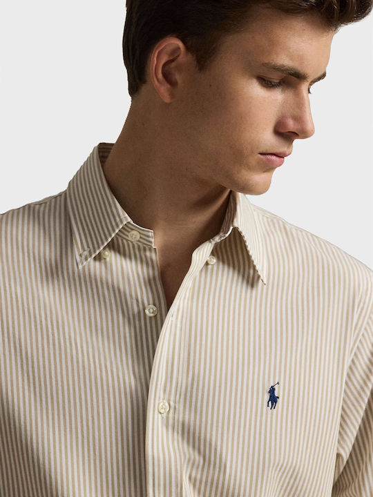 Shirt Long Sleeve Cotton Striped Beige