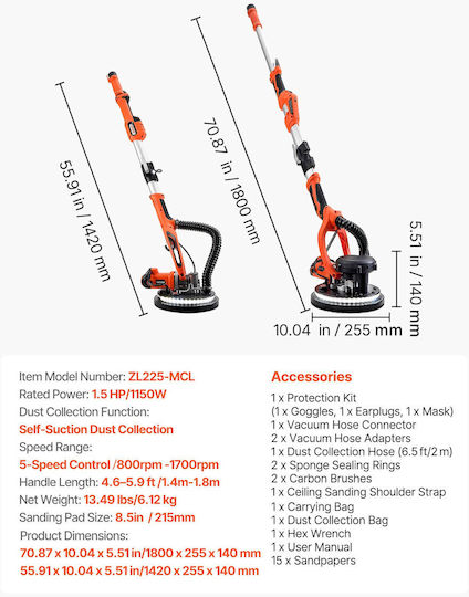Vevor Telescopic Drywall Sander 1150W GSGQSGJDLEDDDU7J3001V2