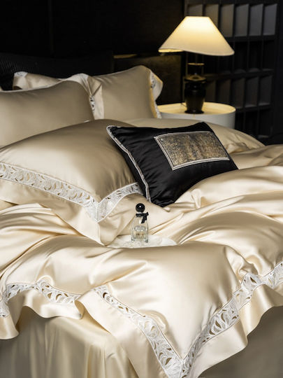 Bridal Set 4pcs Duvet Cover King Size 220×240 Silk Brocade 2 Pillowcases & 1 Sheet Gold Champagne