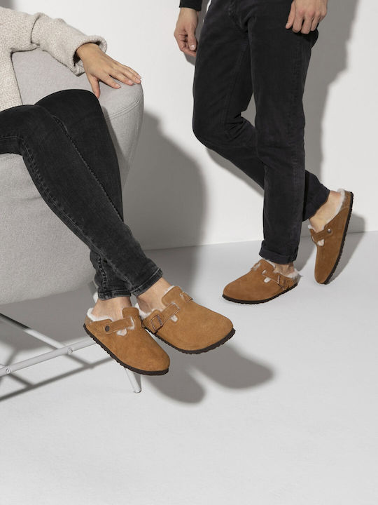 Birkenstock Classic Boston Men's Slippers with Fur Narrow Fit Brown