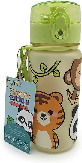 Puckator Adoramals Wild Pop Top Kids Water Bottle Plastic with Straw Green 350ml