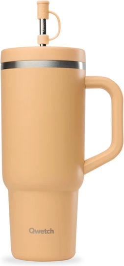 Qwetch Ποτήρι Θερμός Ανοξείδωτο / Πλαστικό 900ml Qwetch Ροδακινί με Καλαμάκι και Επιστόμιο